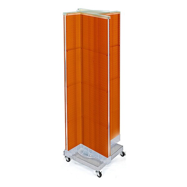 Pinwheel Pegboard Floor Display on Revolving Wheeled Base. Spinner Rack Stand.
